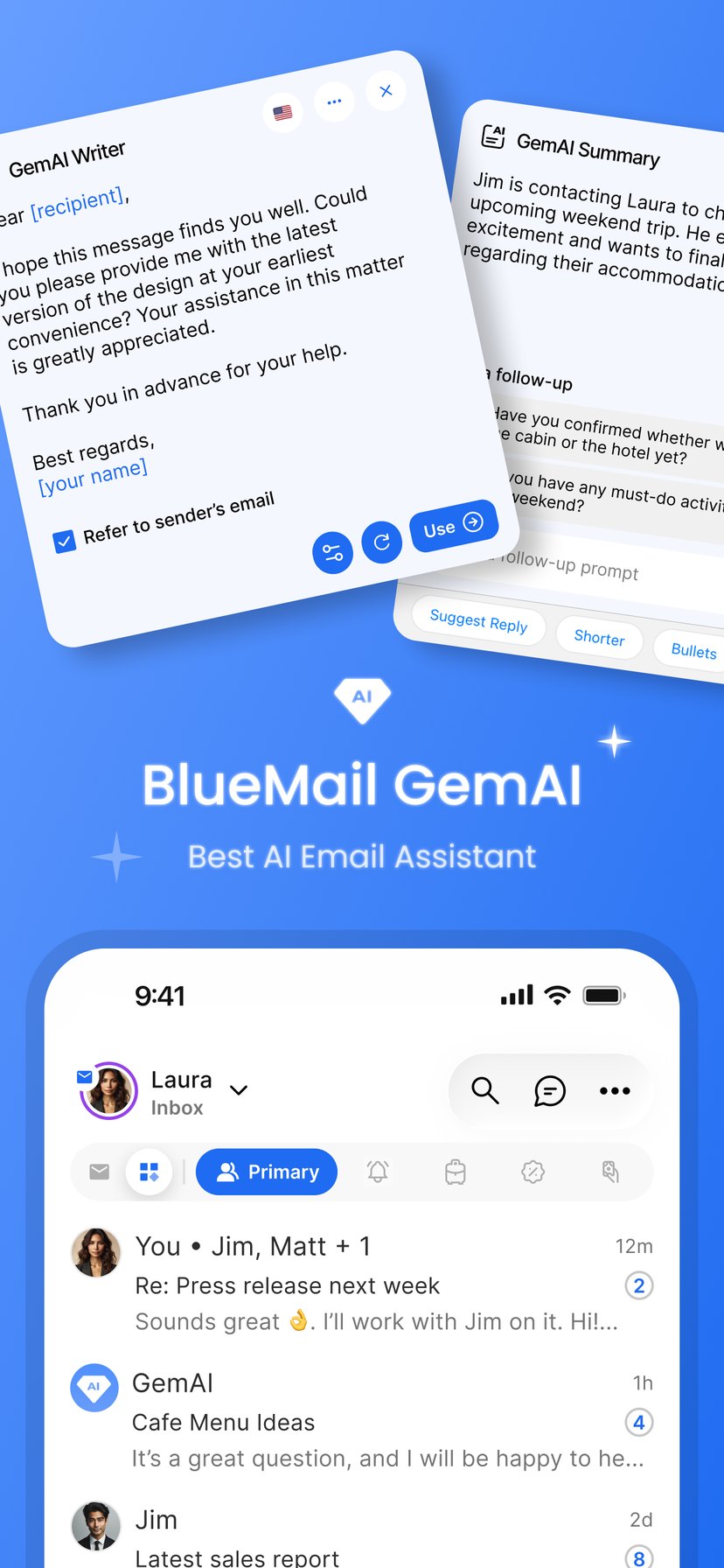 BlueMail App Store screenshot: GemAI, the AI email assistant