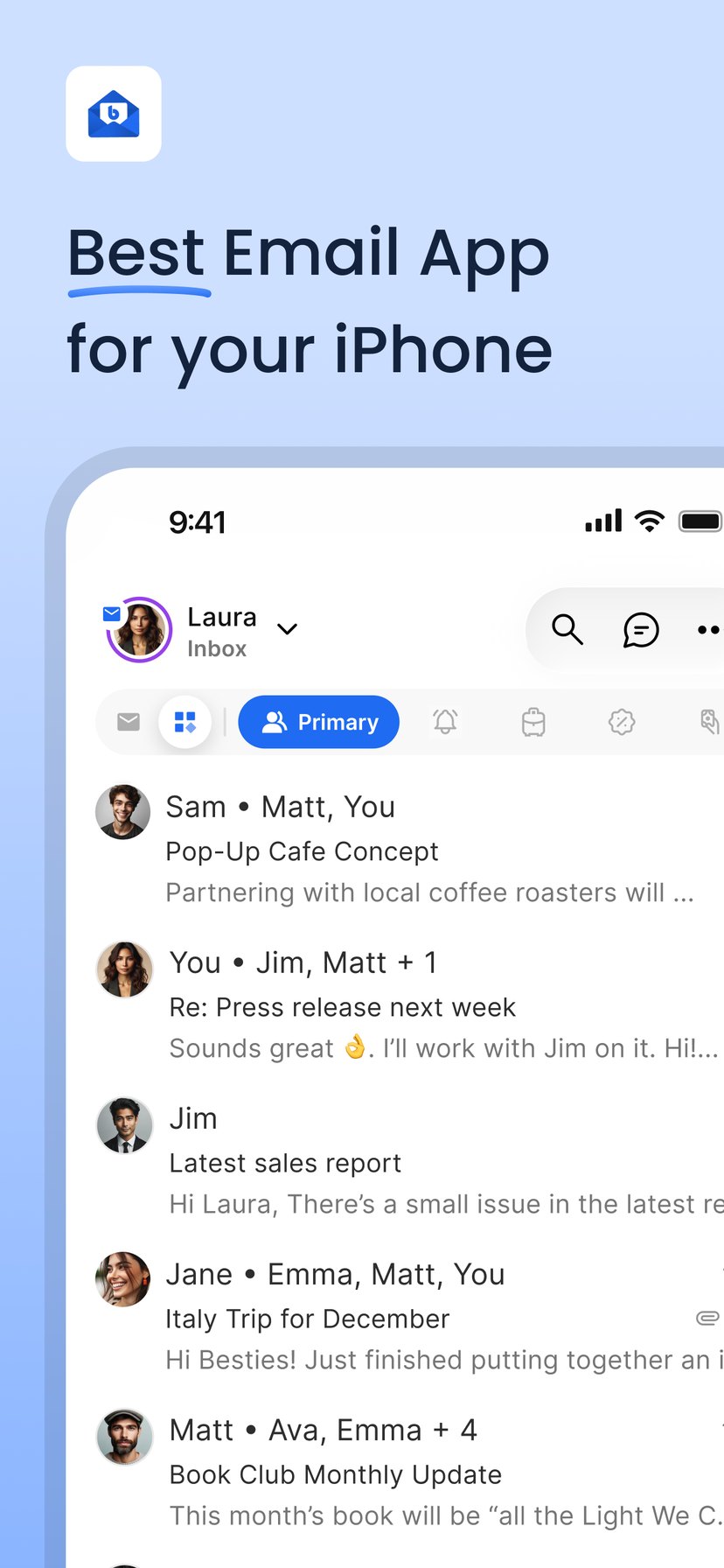 BlueMail App Store screenshot: Best Email App for your iPhone, showing the unified inbox