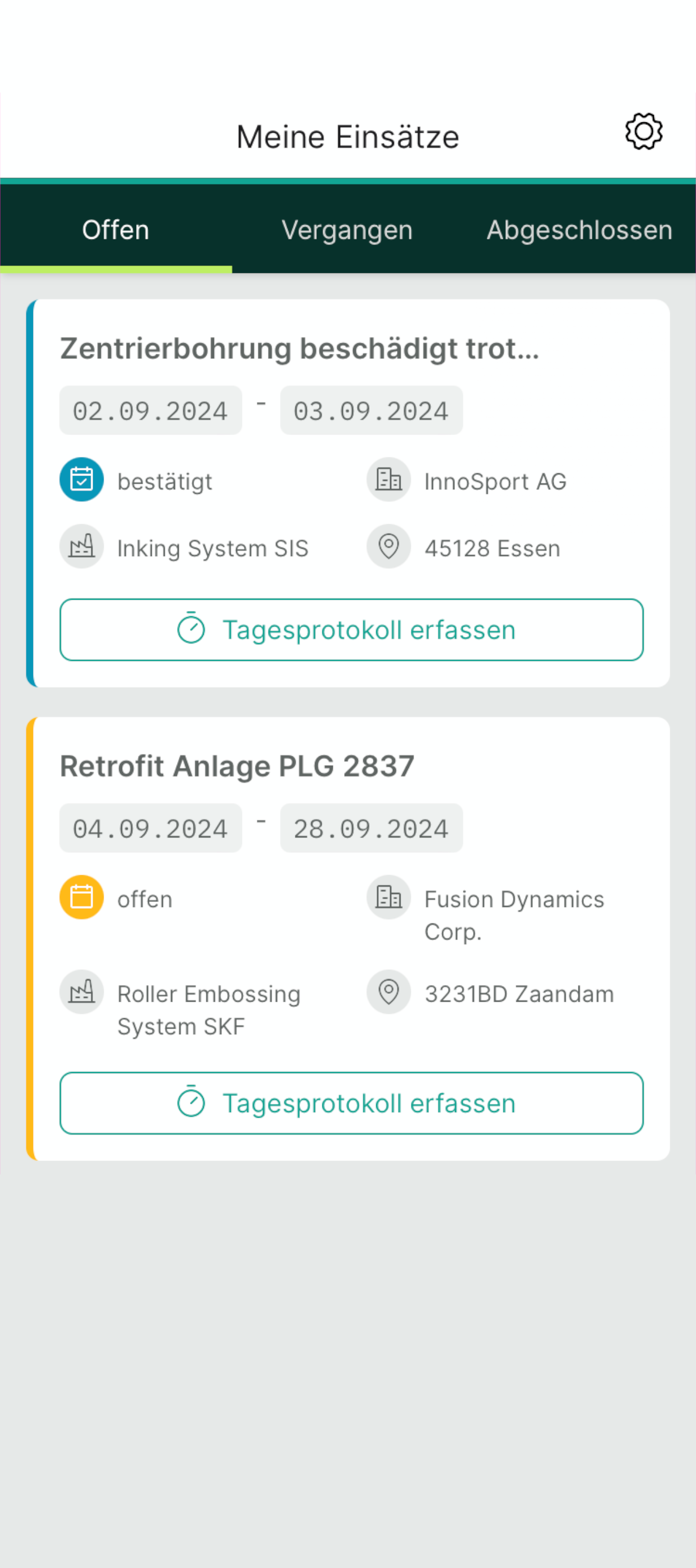 fieldux iPhone screenshot: assignment overview (Einsatzübersicht)